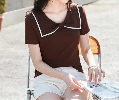 Haut en coton pour femme, look casual chic avec nœud au col