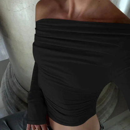 Haut noir femme slim fit avec effet plissé moderne – SecretBombe