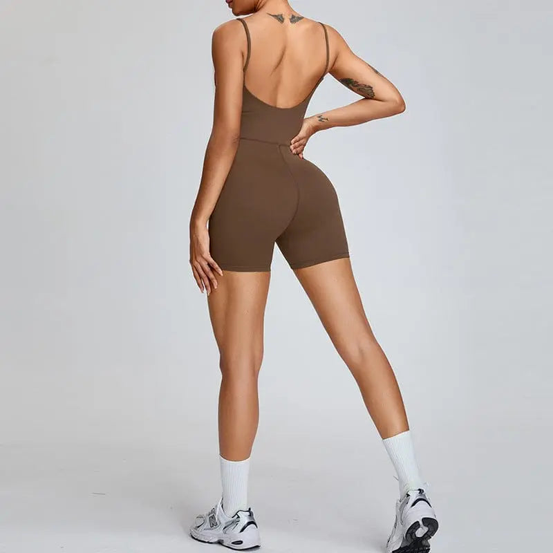 Haut de yoga marron vue de dos, maintien optimal et effet amincissant