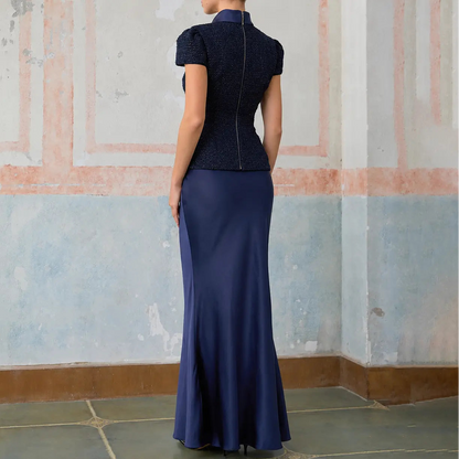 Vue arrière de l'ensemble femme bleu marine avec jupe longue évasée SecretBombe