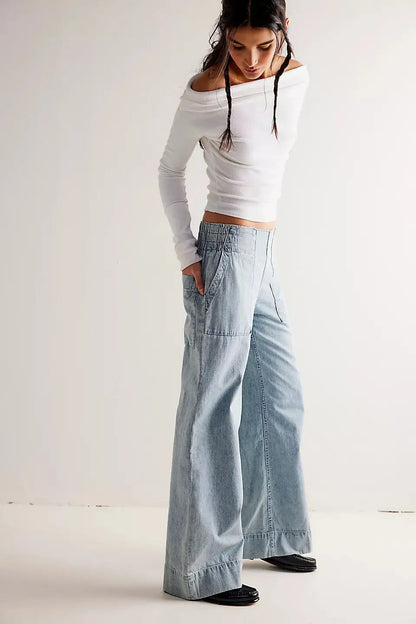 Jean large femme bleu délavé à taille basse SecretBombe