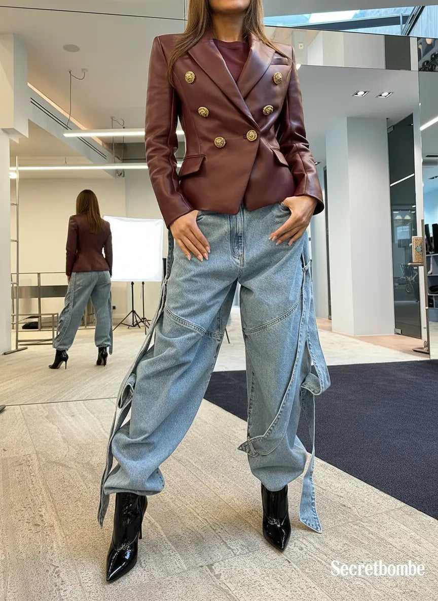 Jean oversize femme avec bottines à talons aiguilles vernis noir et fond magazine fashion – secretbombe