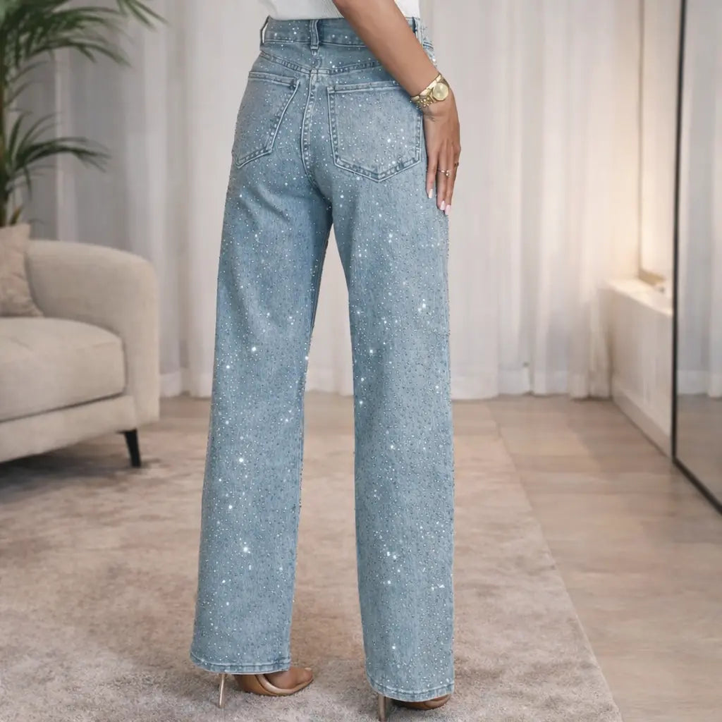 Jean femme denim bleu à strass vue dos coupe droite élégante SecretBombe