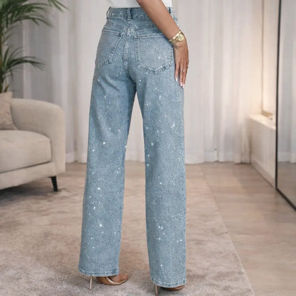 Jean femme denim bleu à strass vue dos coupe droite élégante SecretBombe