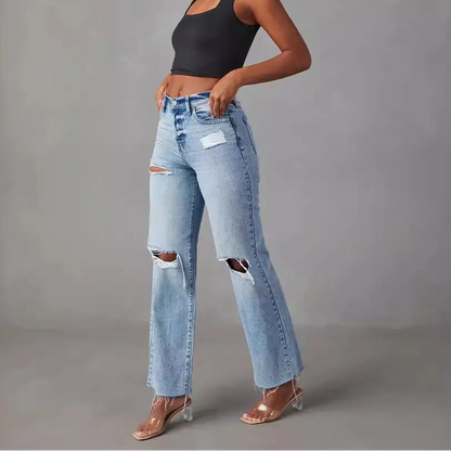 Jean droit déchiré femme en denim bleu délavé SecretBombe