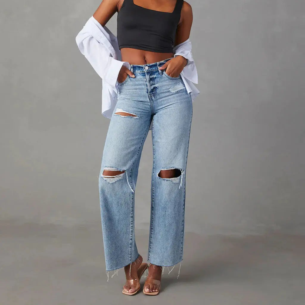 Jean droit femme bleu délavé déchiré S à 2XL SecretBombe