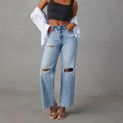 Jean taille haute femme bleu délavé avec effet déchiré SecretBombe