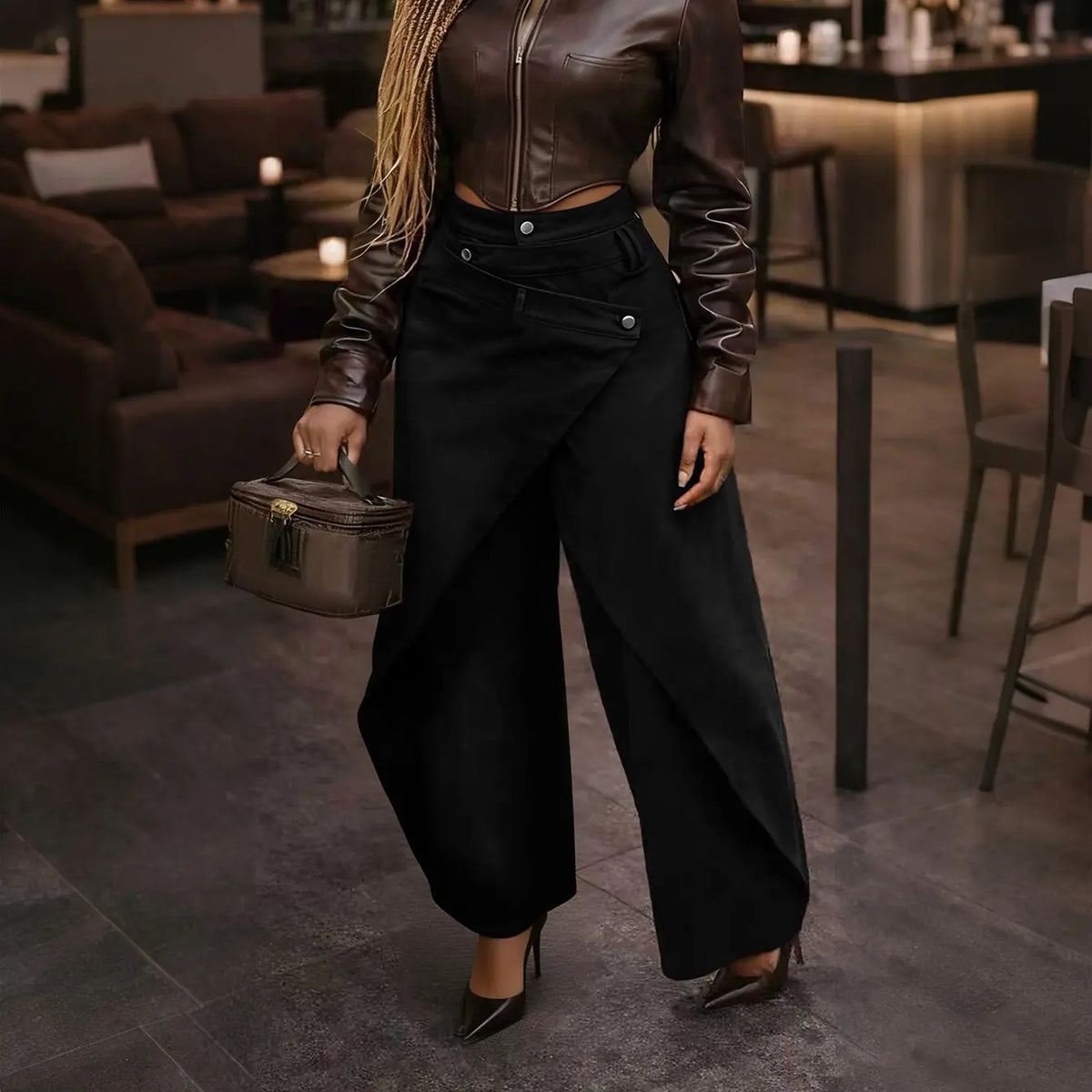 Jean large femme noir à taille haute asymétrique SecretBombe