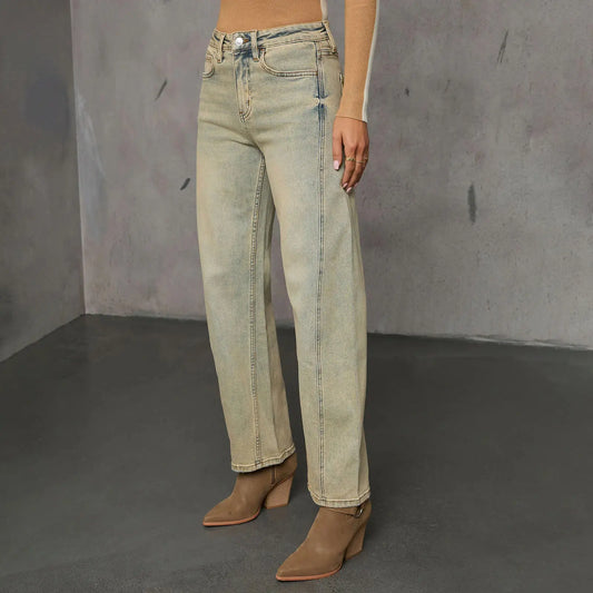 Jean droit beige délavé femme intemporel et élégant – SecretBombe