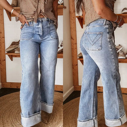 Jean large femme bleu délavé avec bas à revers SecretBombe