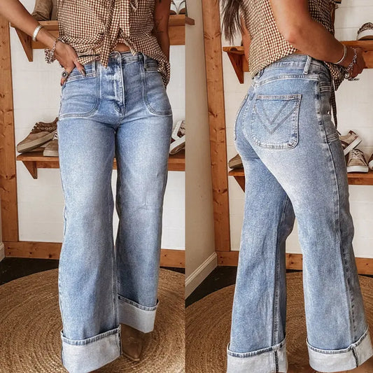 Jean large femme bleu délavé avec bas à revers SecretBombe