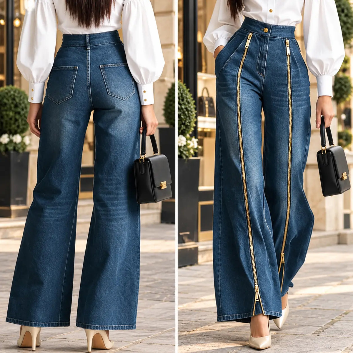 Jean femme bleu à coupe large avec détails zippés SecretBombe