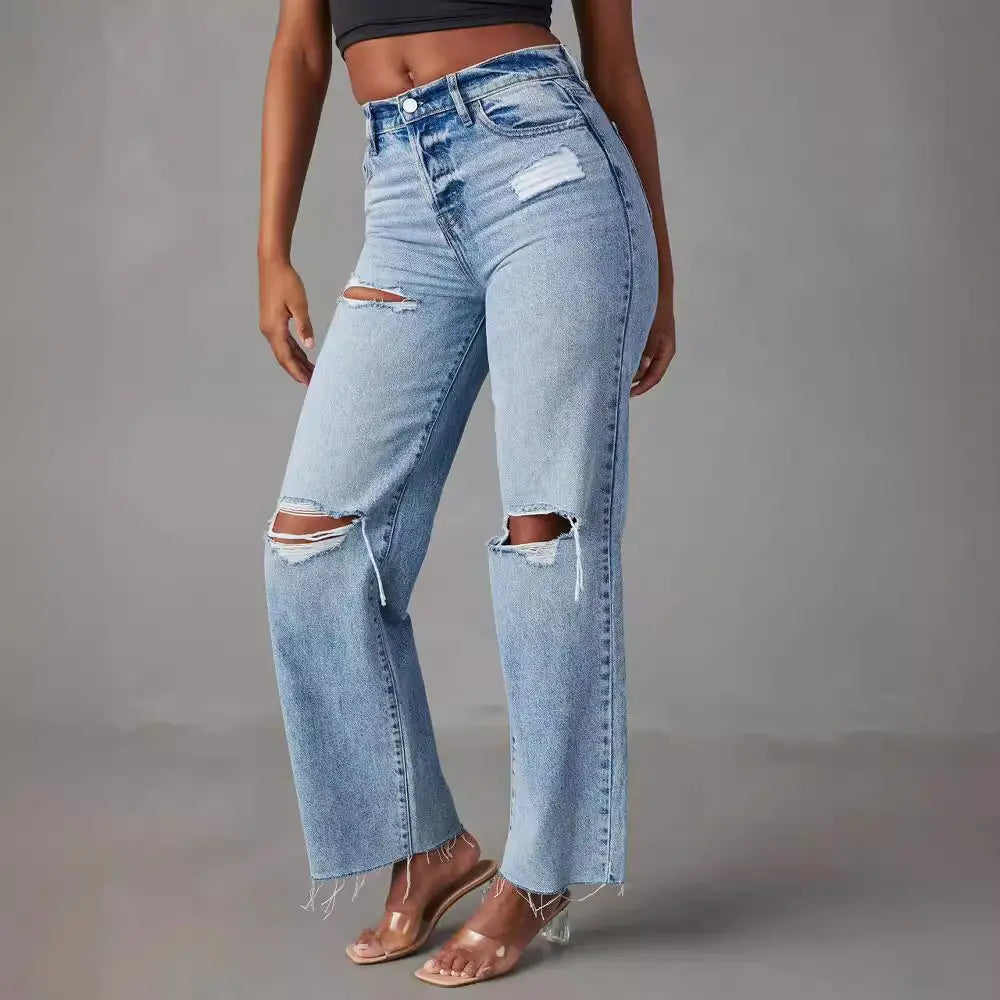 Jean taille haute femme bleu délavé avec effet déchiré SecretBombe