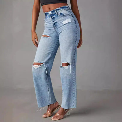 Jean taille haute femme bleu délavé avec effet déchiré SecretBombe