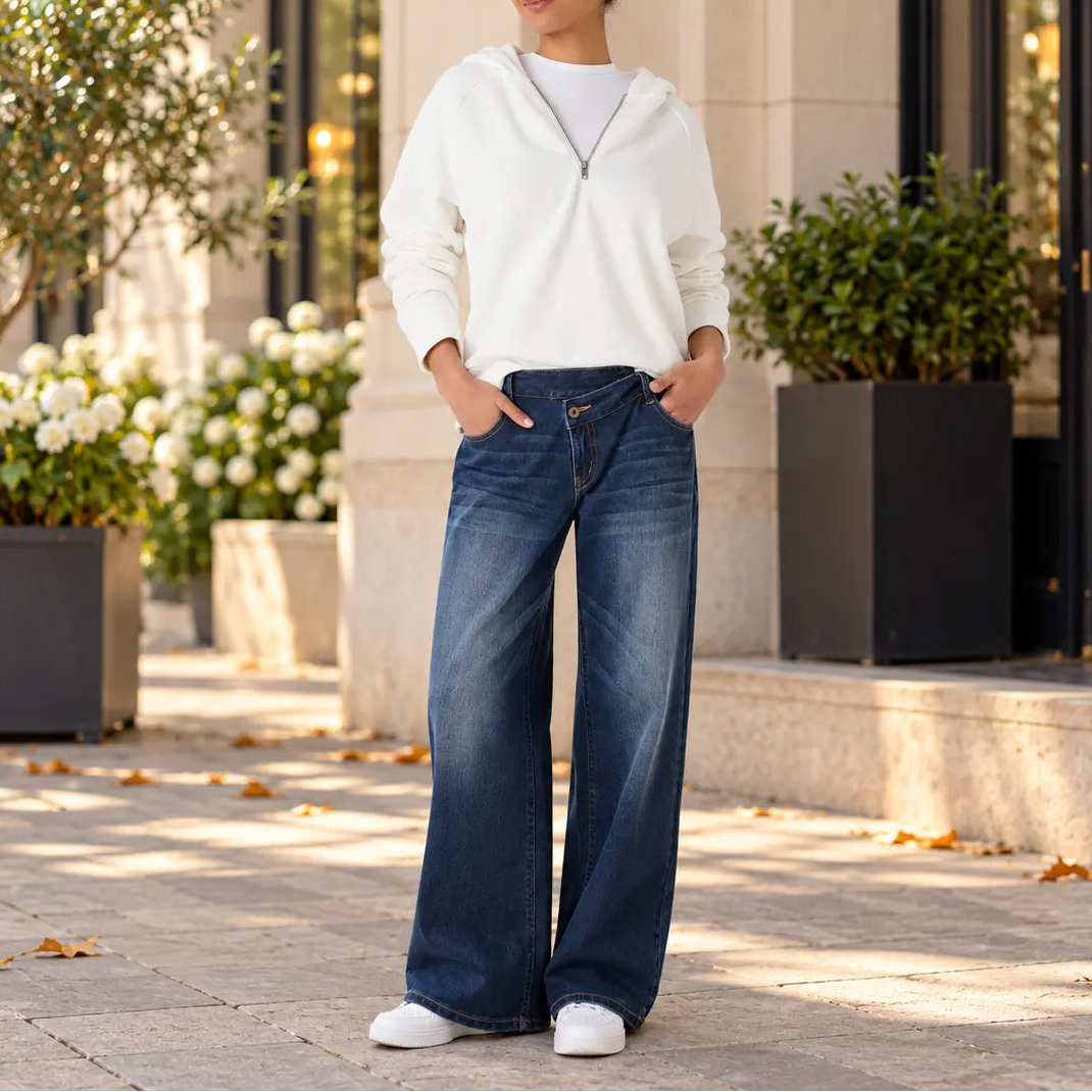 Jean femme bleu foncé à coupe wide leg SecretBombe