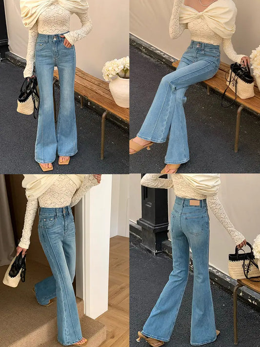 Jean femme coupe large taille haute, style rétro patte d’éléphant avec couture tendance