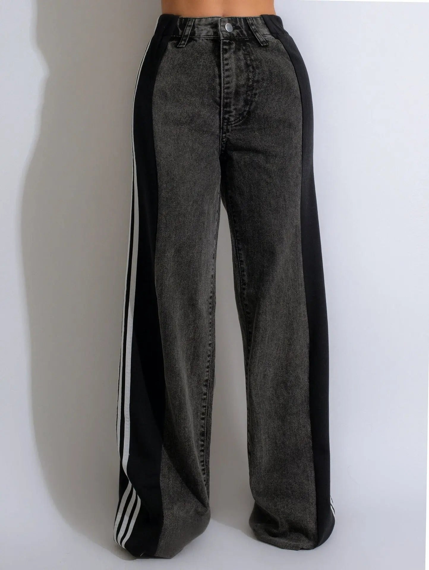 Jean femme mode 2025 taille haute extensible, bandes sur les côtés en polyester