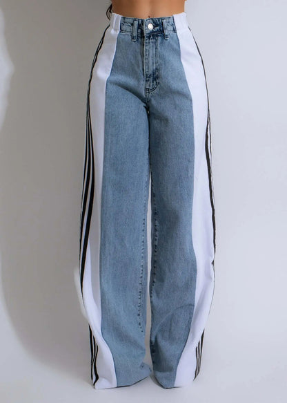 Jean femme mode 2025 taille haute extensible, bandes sur les côtés en polyester