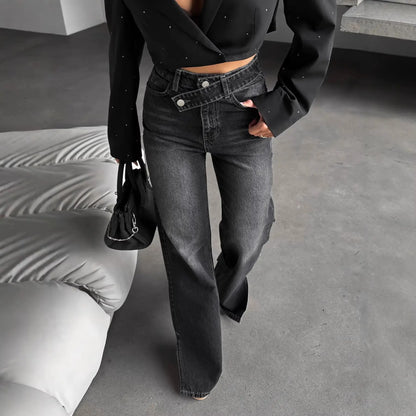 Jean femme noir délavé à taille asymétrique SecretBombe