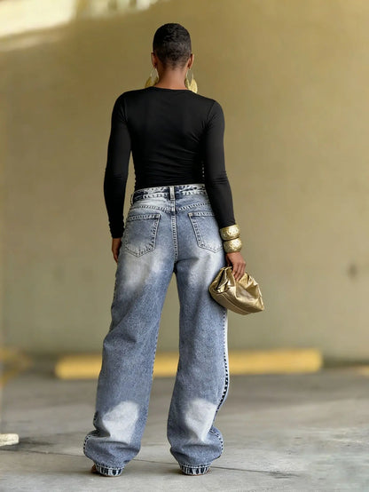 Jean femme denim délavé coupe large streetwear SecretBombe