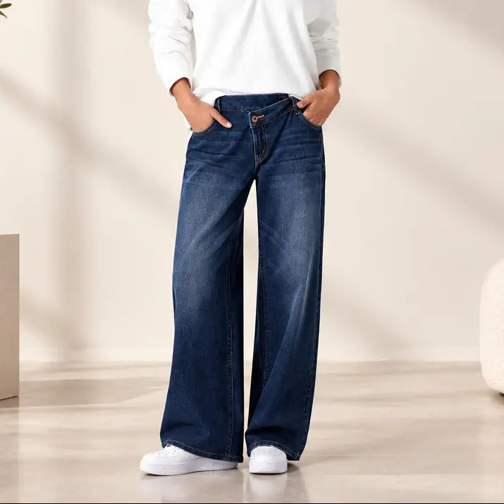 Jean femme taille basse bleu foncé à jambes larges SecretBombe