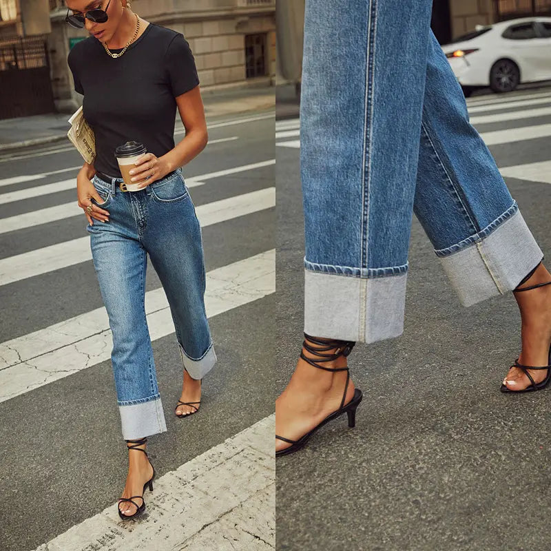Jean femme street hipster, denim coton confortable, style urbain avec revers tendance
