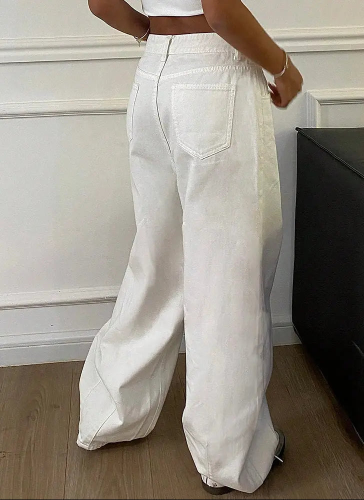 Pantalon denim blanc femme large agréable à porter – SecretBombe