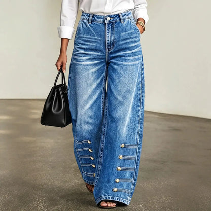 Jean large femme bleu avec boutons décoratifs SecretBombe
