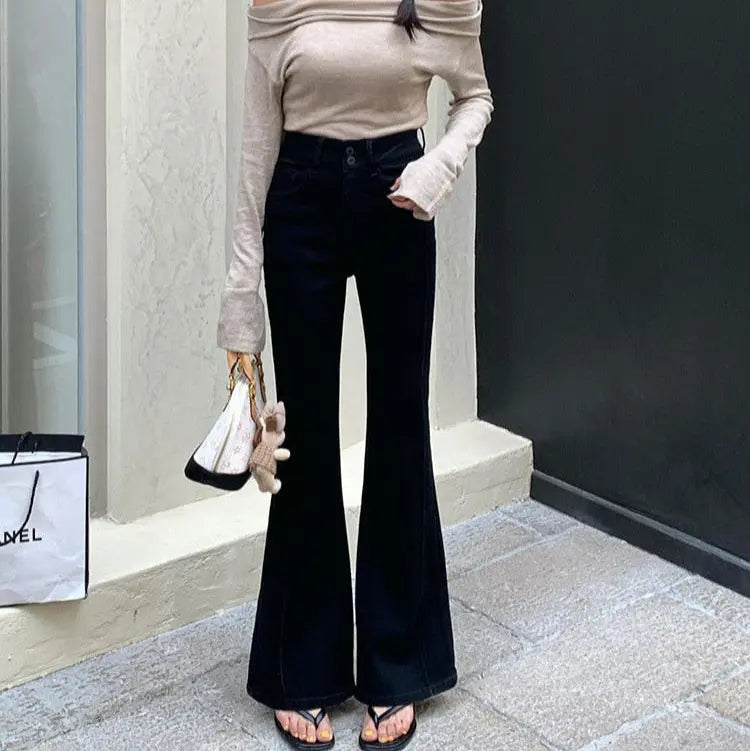 Jean large femme patte d’éléphant rétro, coupe taille haute en denim coton bleu