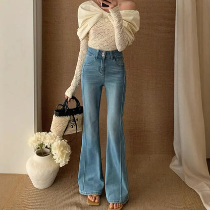 Jean large femme patte d’éléphant rétro, coupe taille haute en denim coton bleu