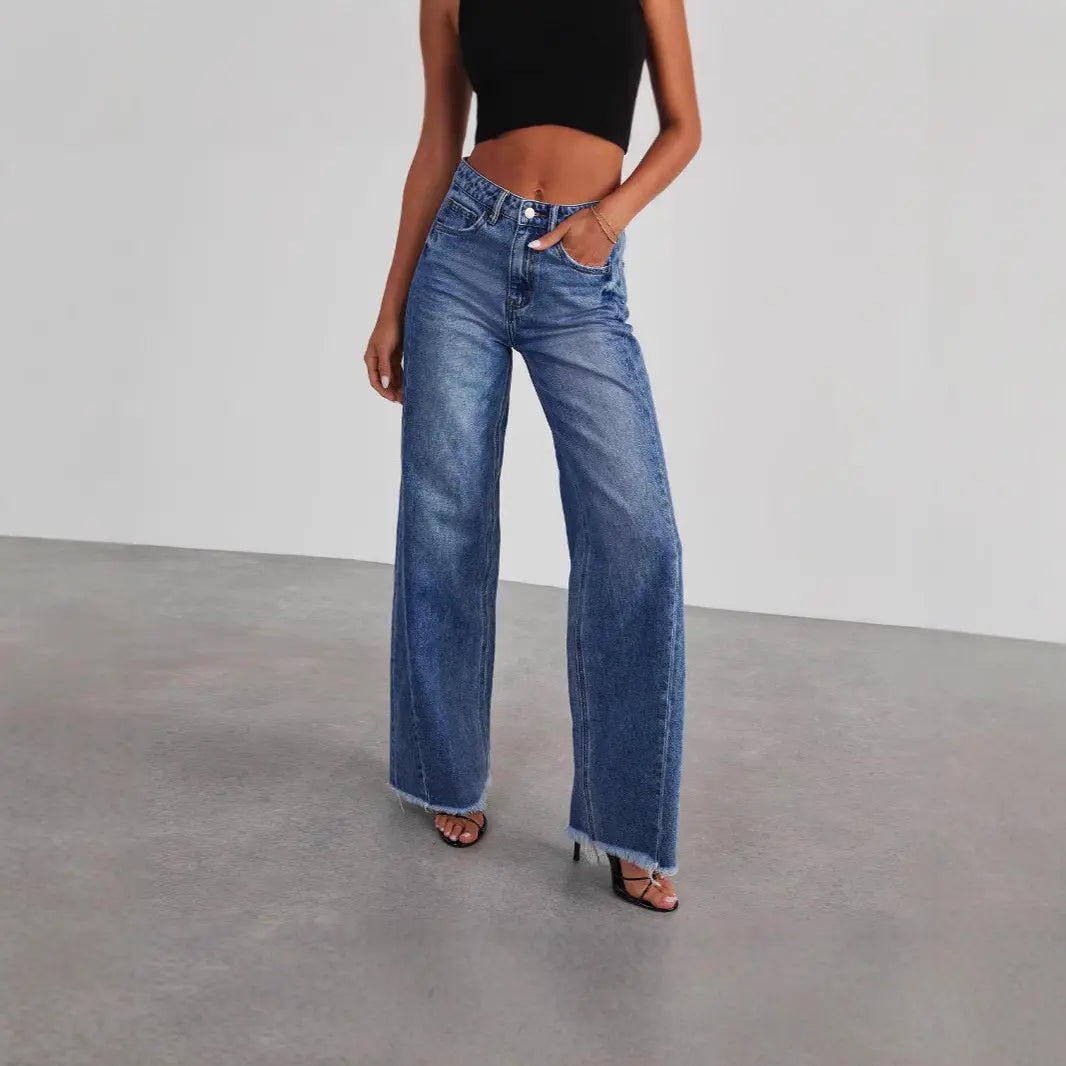 Jean femme bleu denim à coupe large et taille basse SecretBombe