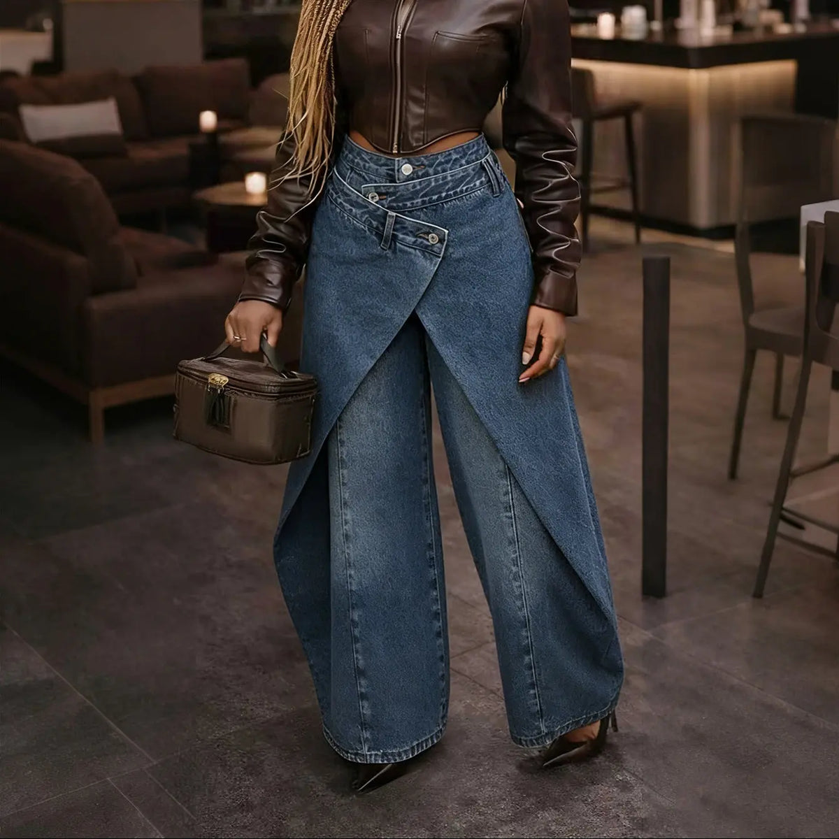 Jean large femme taille haute asymétrique bleu SecretBombe