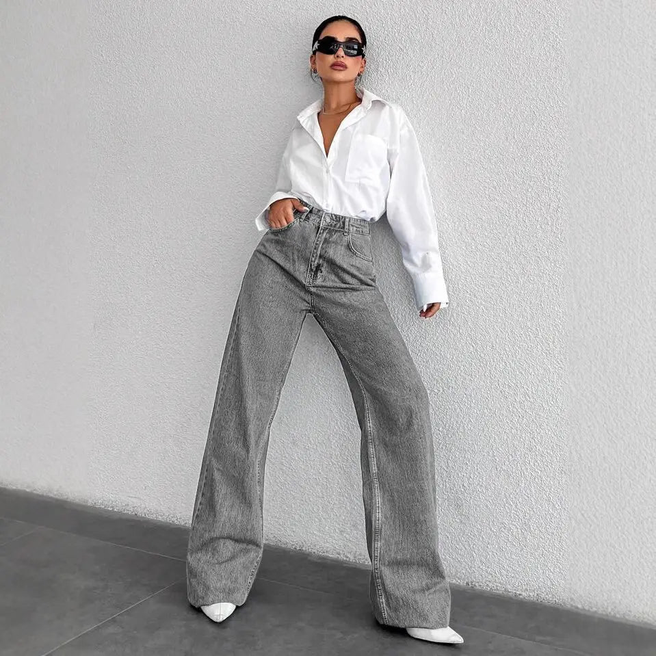 Jean femme gris délavé à jambes larges SecretBombe