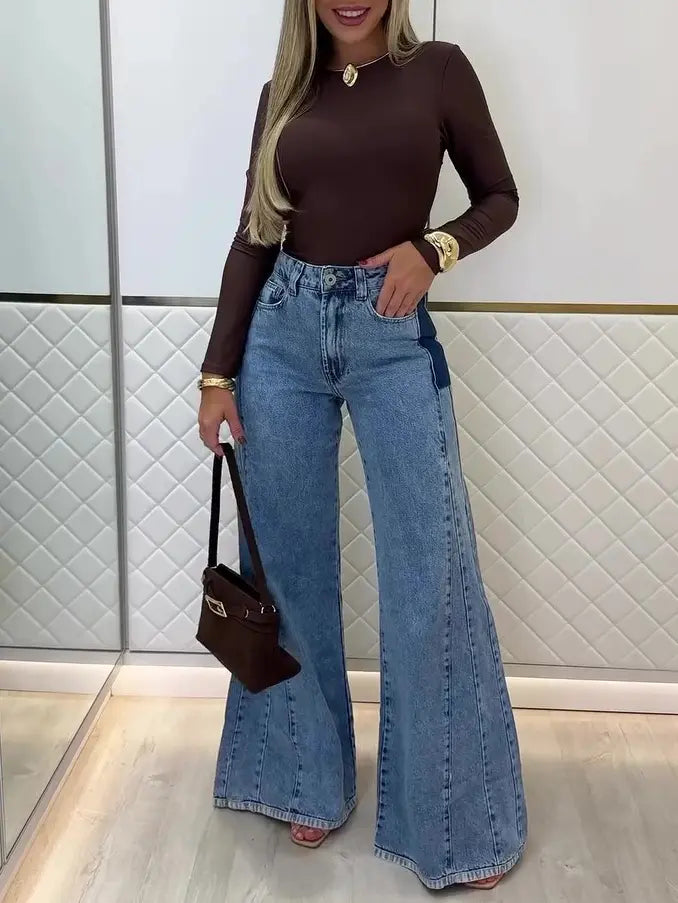 Jean patchwork femme en denim élégant coupe large pour look chic SecretBombe