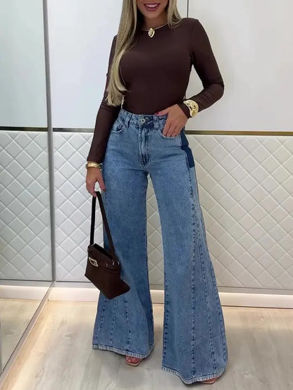 Jean patchwork femme en denim élégant coupe large pour look chic SecretBombe