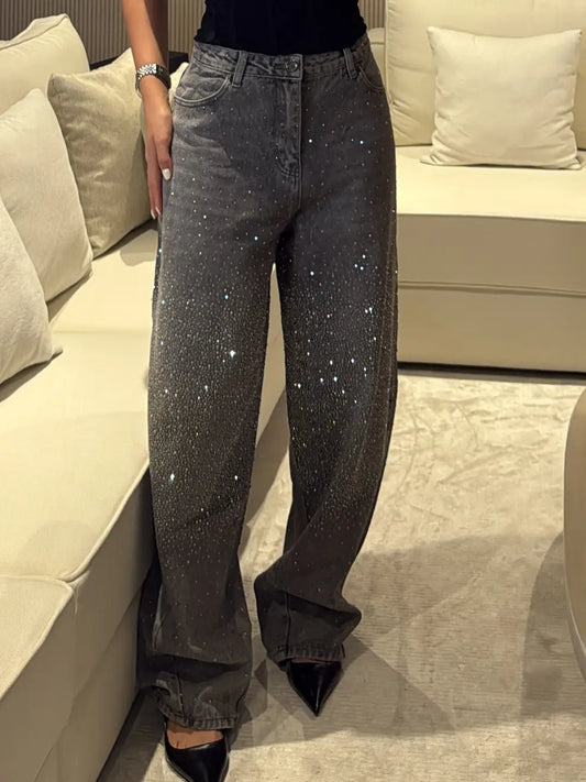 Jean femme SecretBombe avec strass brillants, coupe large et glamour