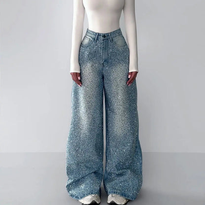 Pantalon jean large avec strass scintillants pour femme SecretBombe