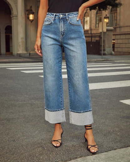 Jean femme street hipster, denim coton confortable, style urbain avec revers tendance