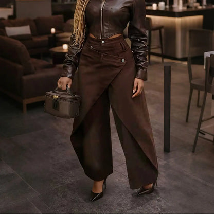Jean femme asymétrique marron à boutons et taille haute SecretBombe