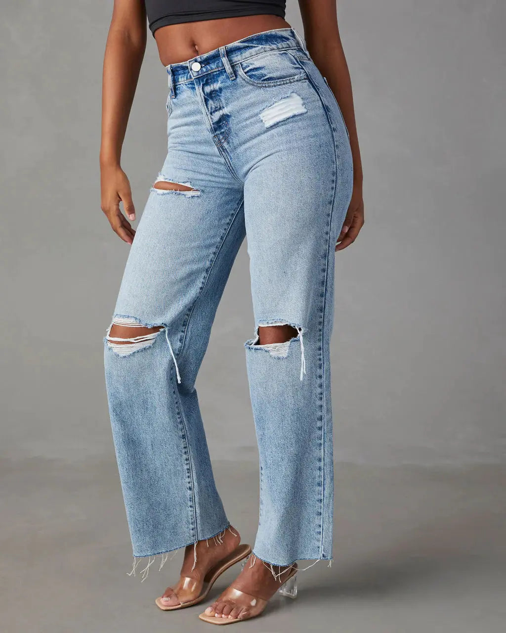 Jean femme bleu délavé avec genoux déchirés SecretBombe