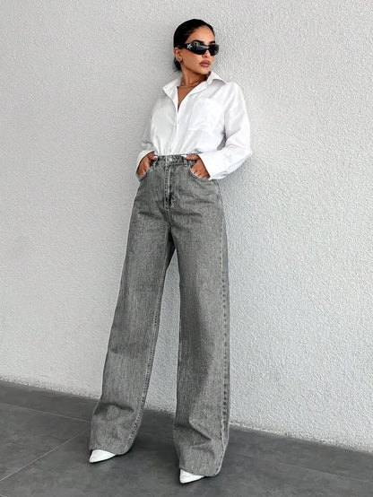 Jean large gris femme à taille haute SecretBombe
