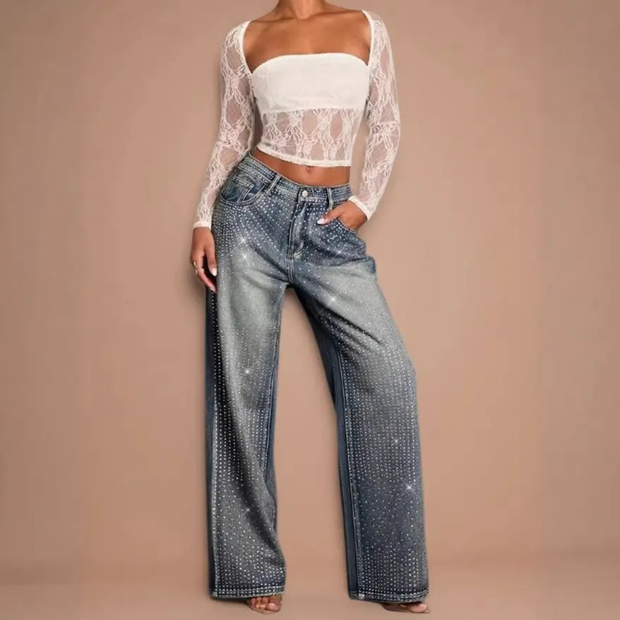 Pantalon en jean large à strass pour femme, style tendance et élégant – SecretBombe.