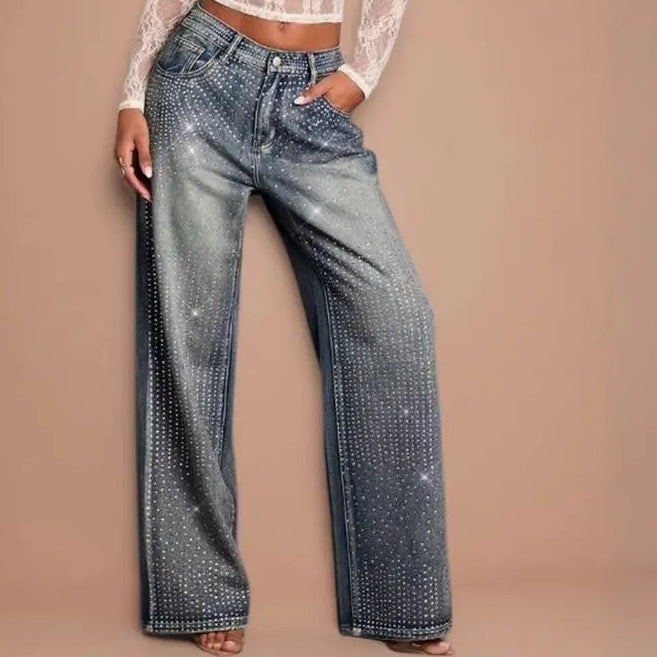 Jean wide leg femme avec finition en strass, parfait pour une tenue glamour et décontractée – SecretBombe.