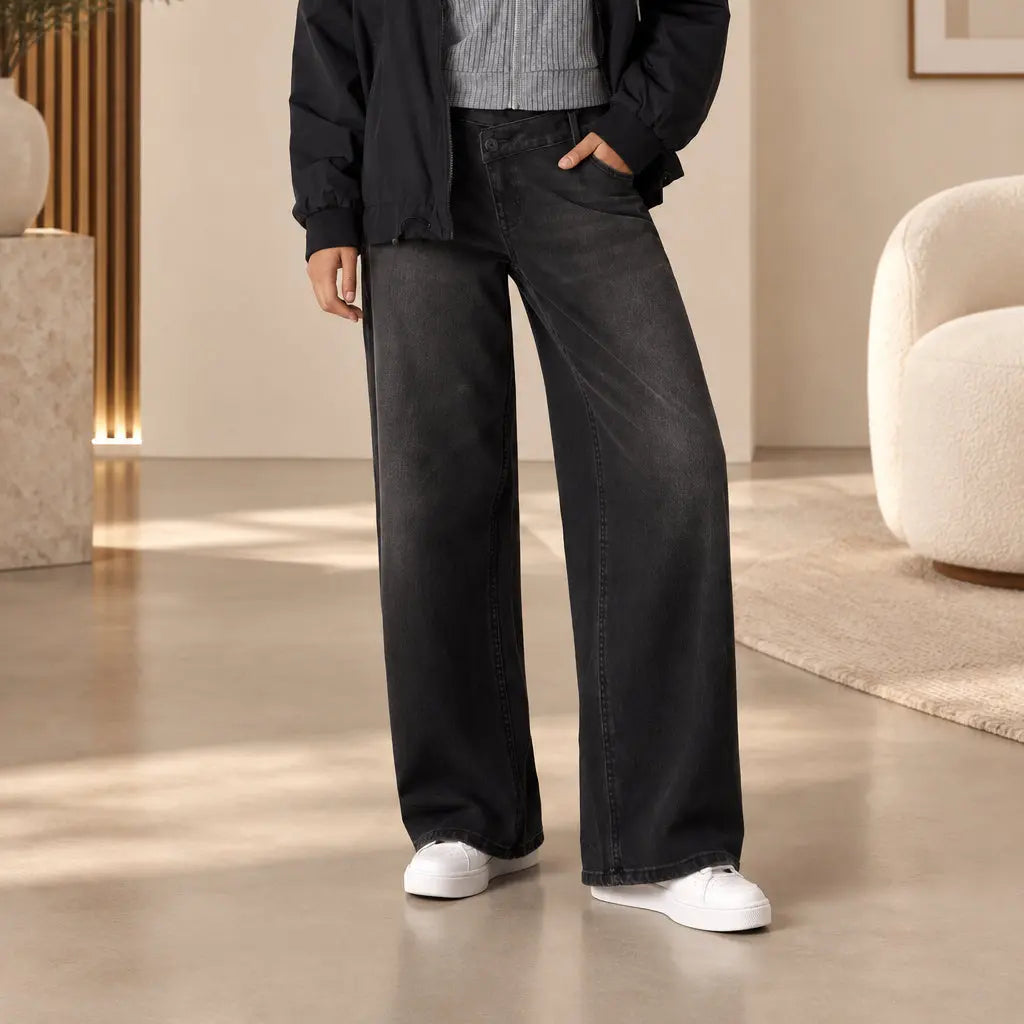 Jean wide leg femme noir à taille basse SecretBombe