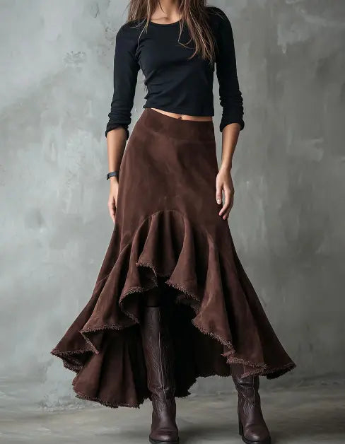 Jupe asymétrique à volants chocolat, style casual chic – SecretBombe