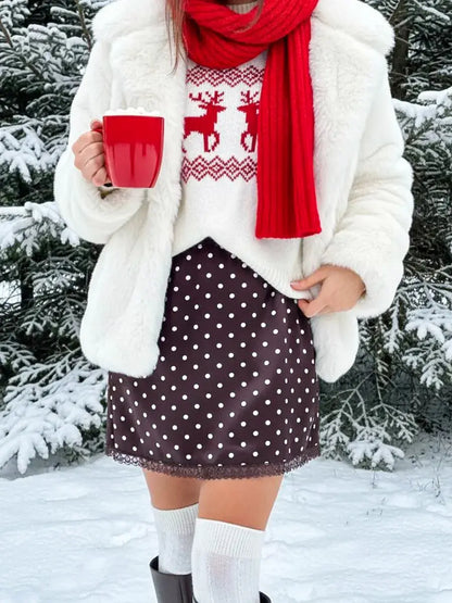 Jupe mini blanche à pois marron femme SecretBombe, coupe courte élégante