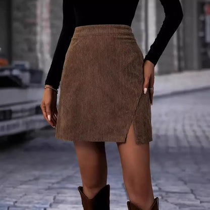 Jupe marron côtelée femme SecretBombe avec petite fente latérale et taille haute