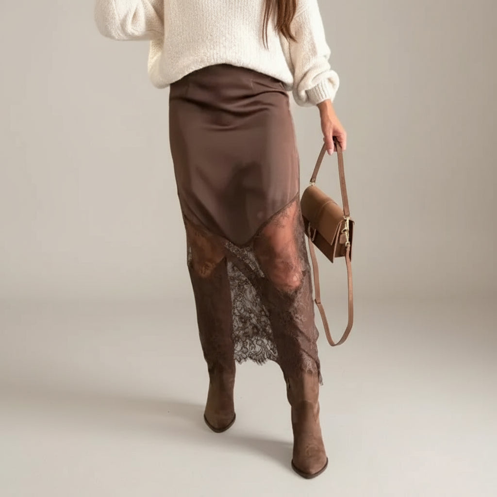 Jupe élégante en satin et dentelle, coupe fluide et féminine