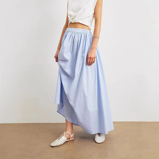 Jupe évasée confortable bleue, poches latérales, polyester élastique facile d’entretien
