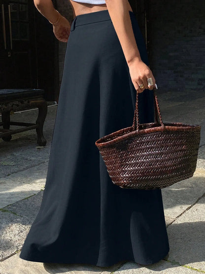 Jupe longue fluide taille haute elegante bleu marine SecretBombe